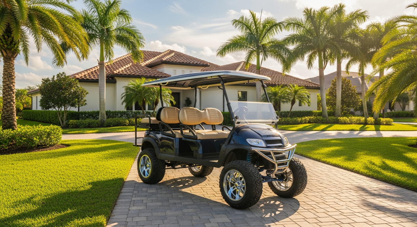 Premium lifted four-passenger golf cart parked in a Florida home driveway at golden hour