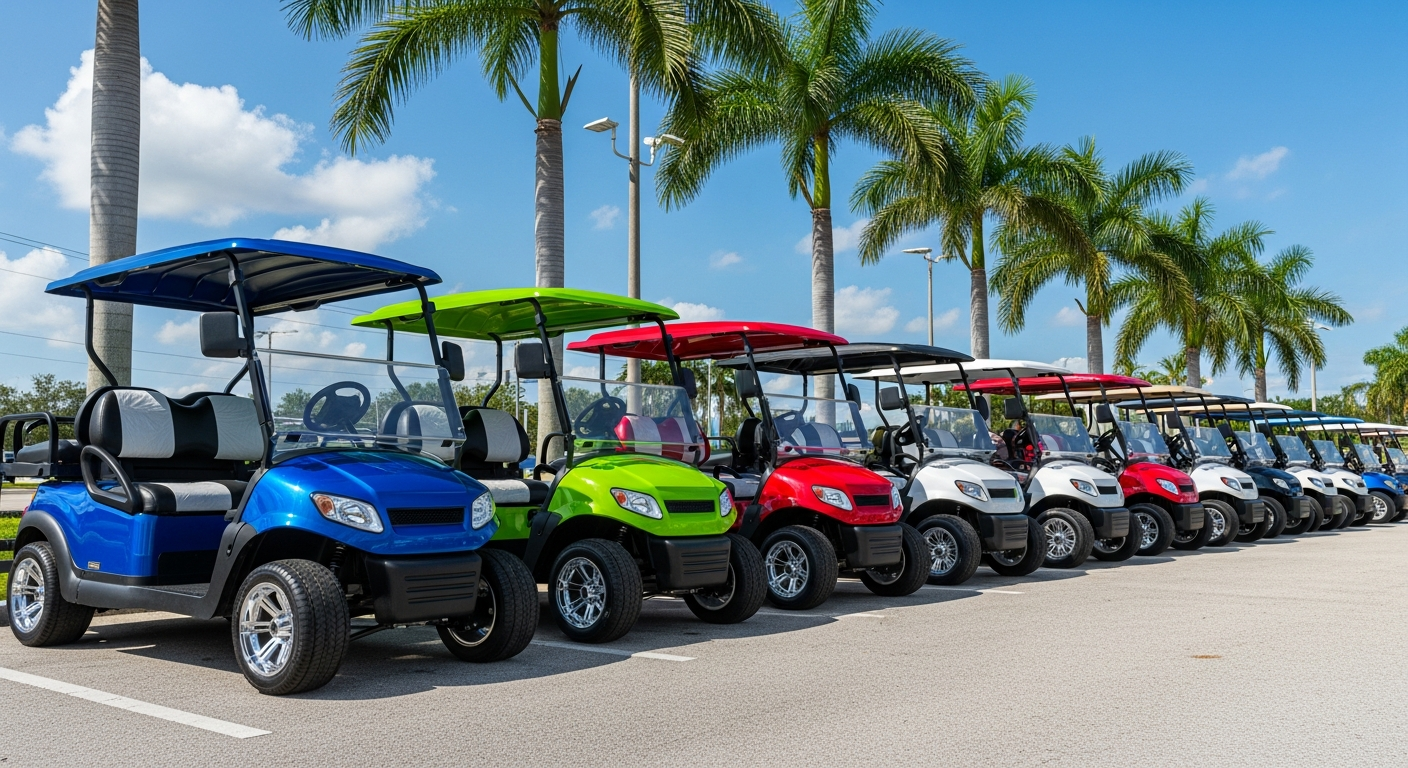 Row of new electric golf carts on a sunny Florida dealership lot lined with palm trees