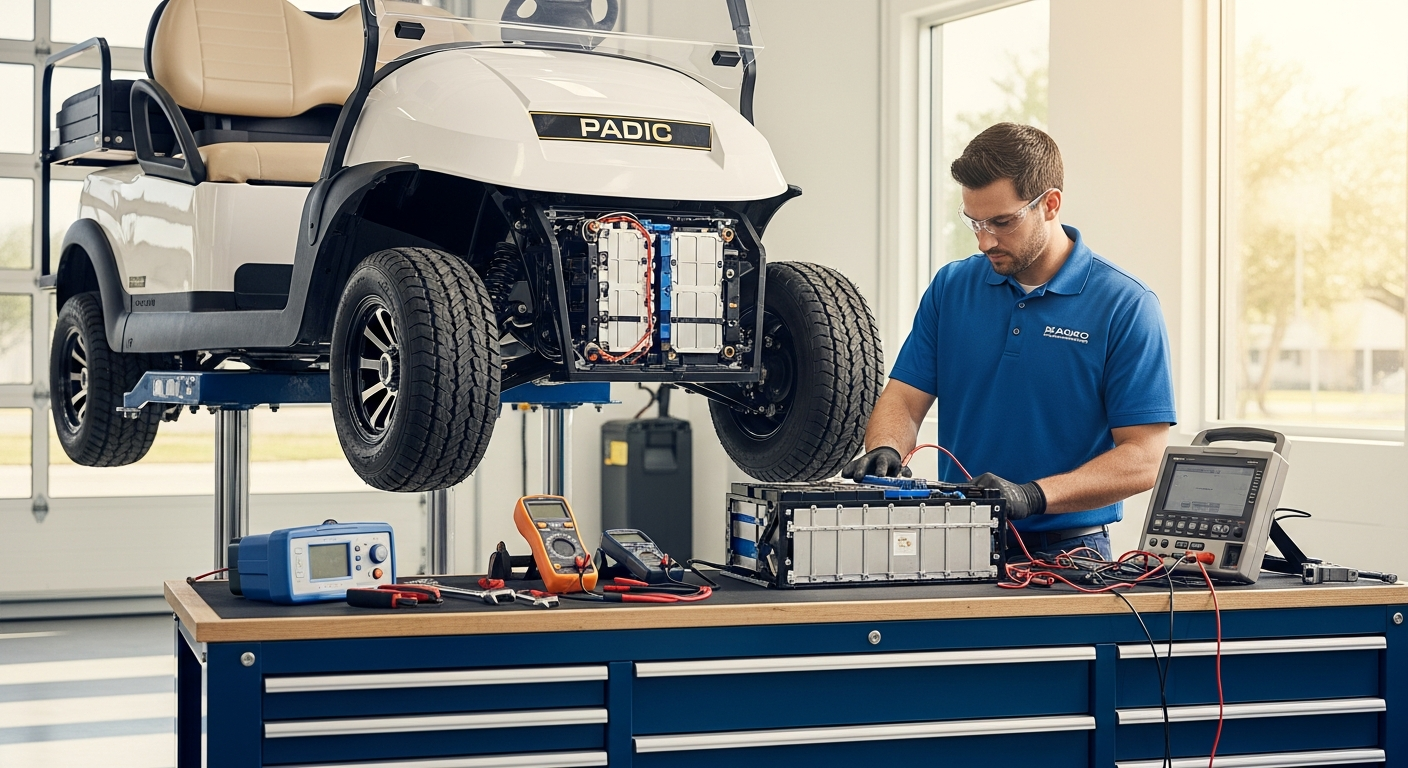 Technician servicing the lithium battery of an electric golf cart in a bright Florida service bay