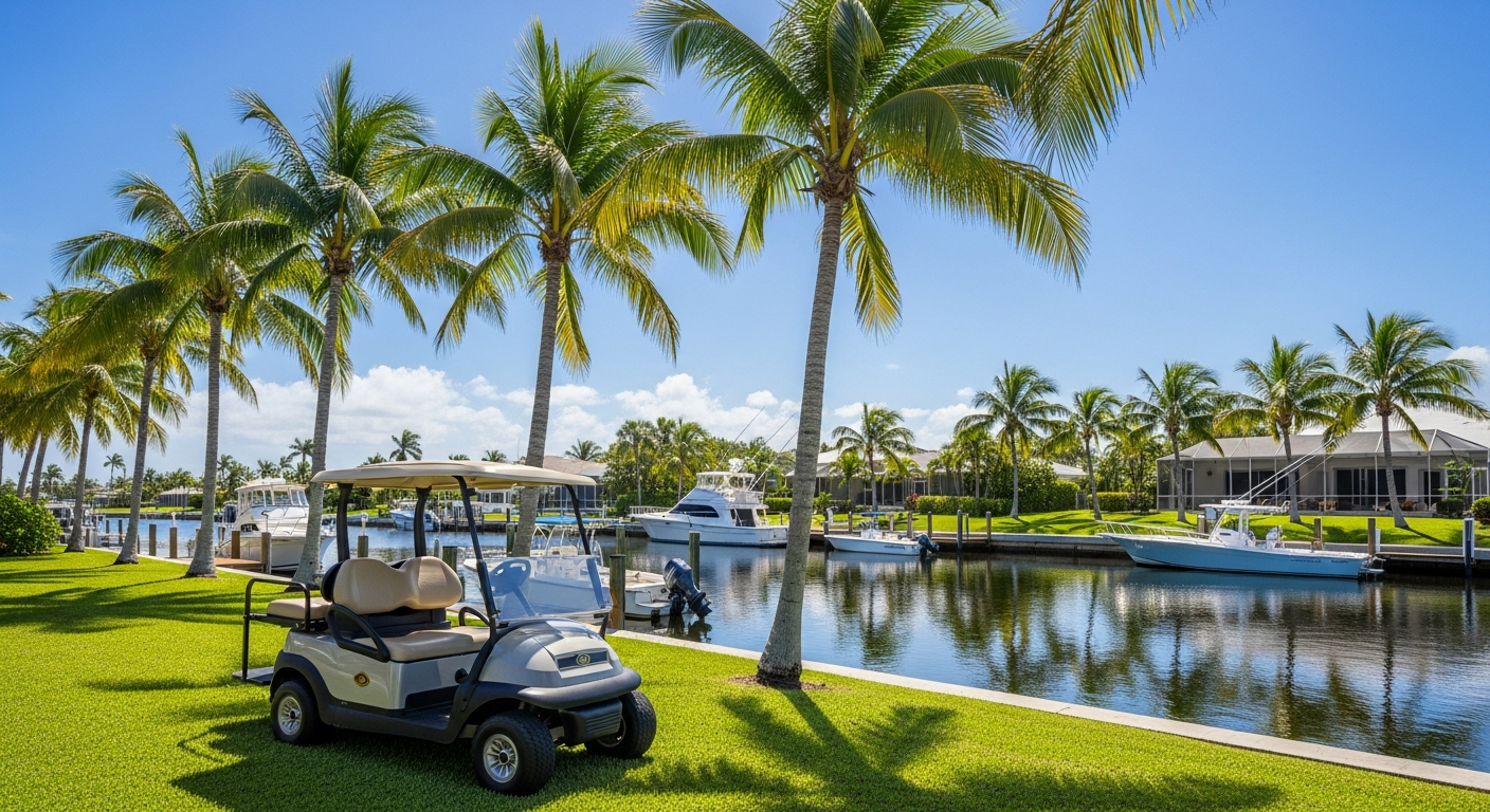 Golf cart parked beside a Southwest Florida canal waterfront with palm trees in Cape Coral