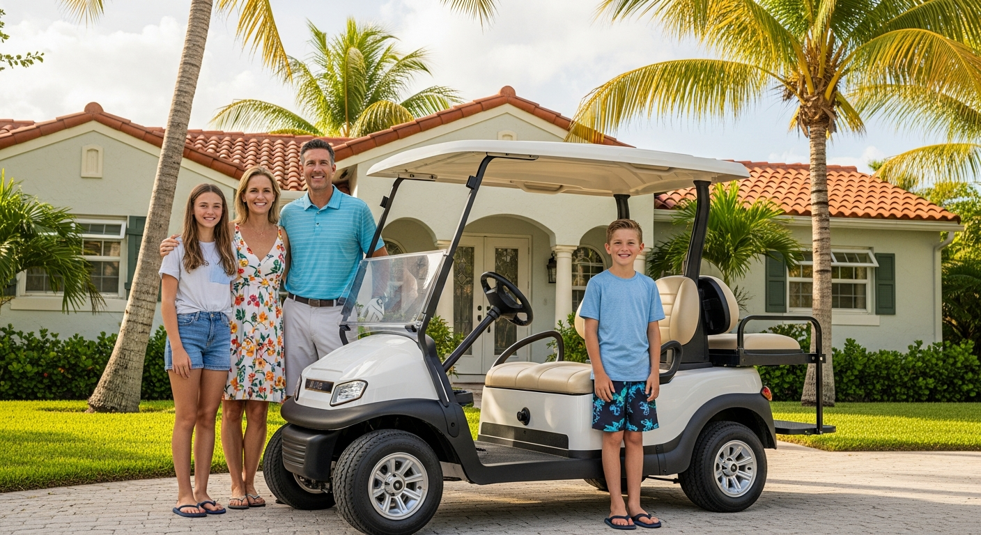 Smiling family standing next to a brand-new golf cart in front of a Florida home
