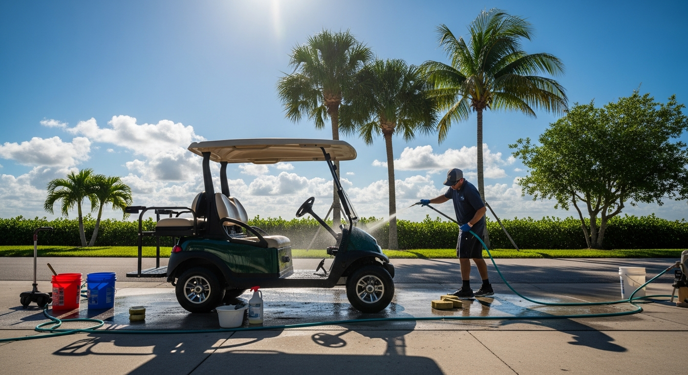 Electric golf cart being washed and maintained outdoors under bright Southwest Florida sun