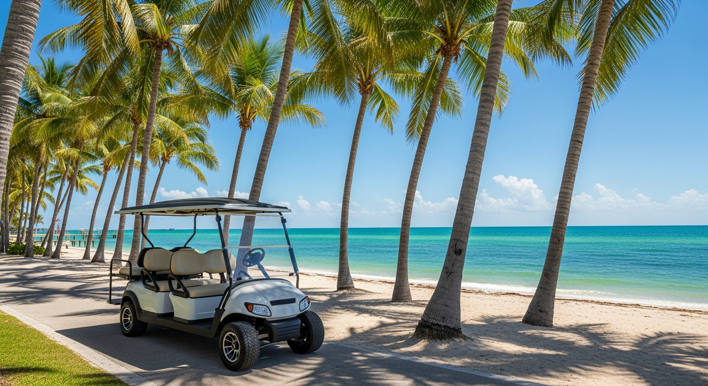 Street-legal golf cart parked near a Cape Coral Florida beach waterfront with turquoise water