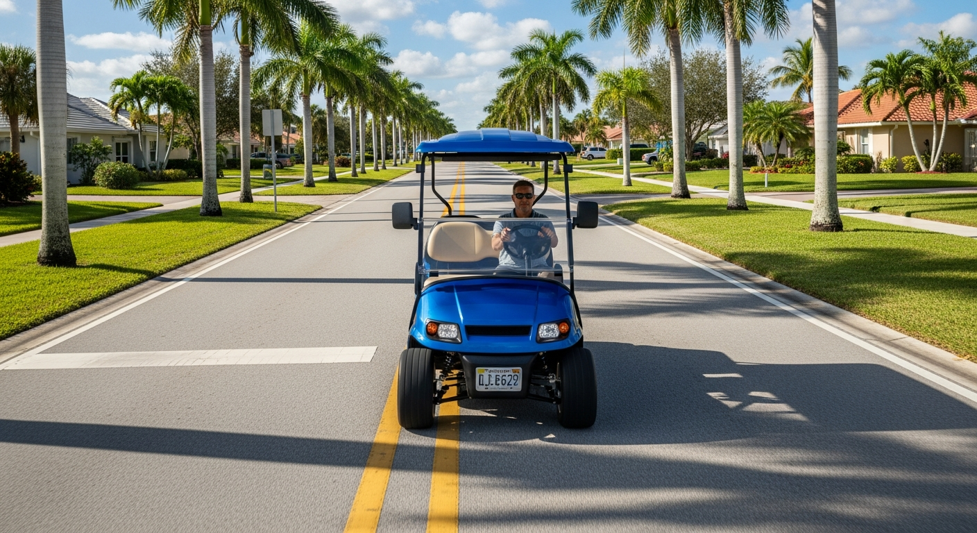 Street-legal LSV golf cart with headlights and turn signals on a Florida residential road