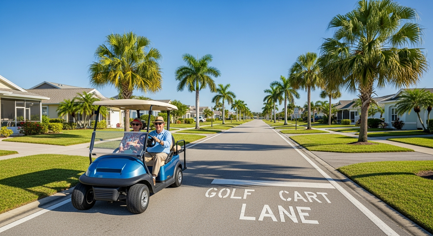 Street-legal golf cart driving on a dedicated cart lane through The Villages Florida community