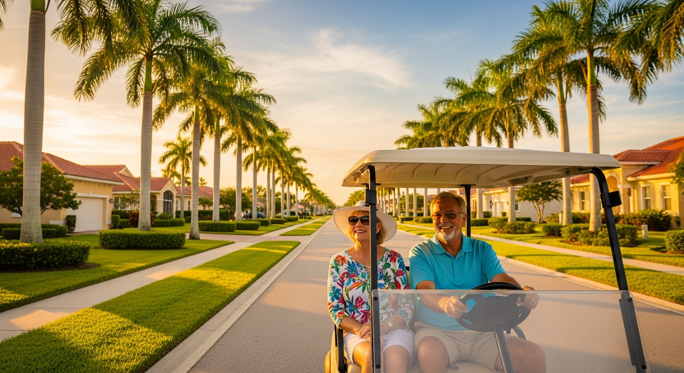 Senior couple riding a golf cart down a palm-lined street in The Villages Florida at golden hour