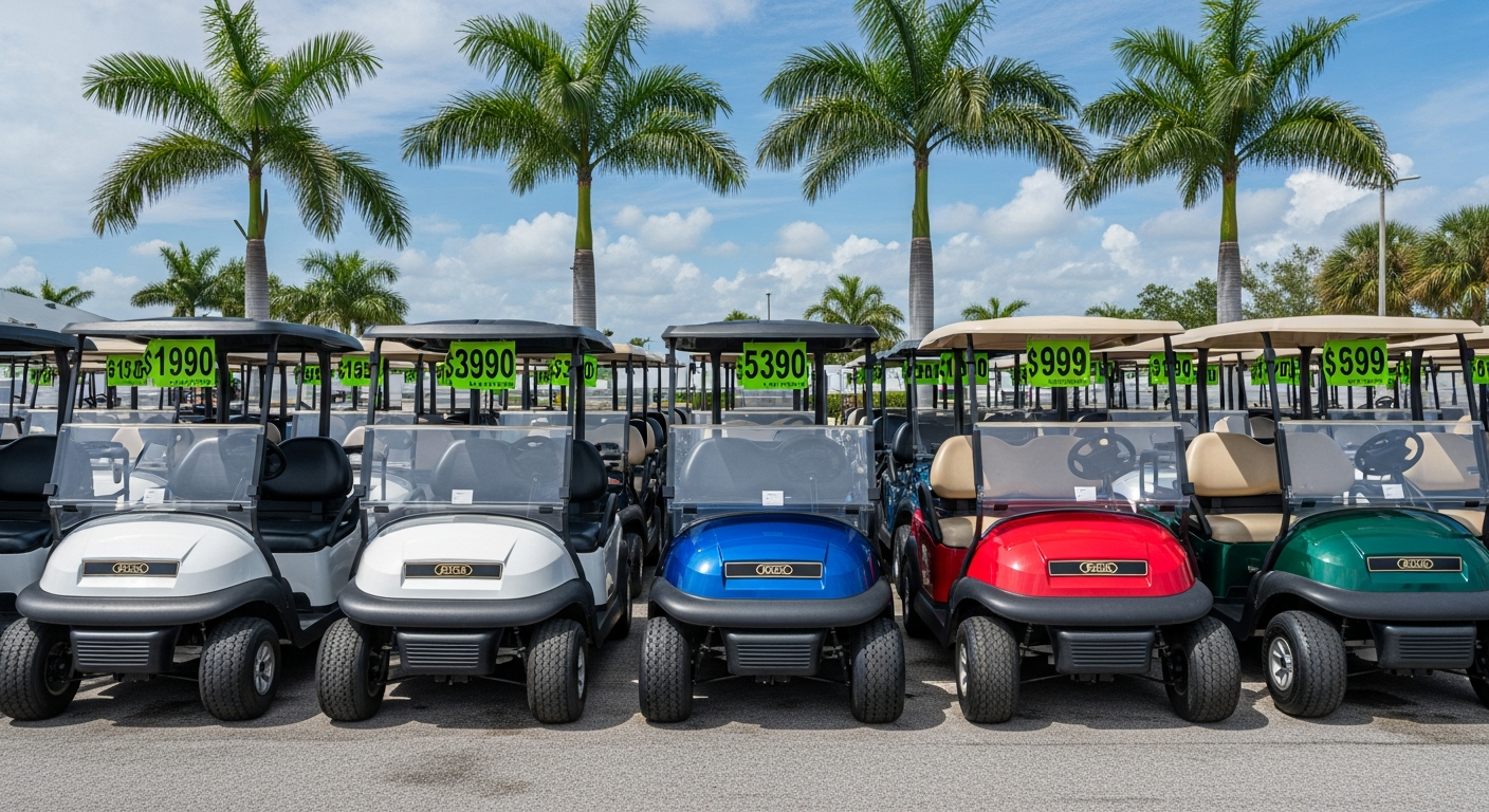A lineup of new and used golf carts of various colors at a Florida community lot
