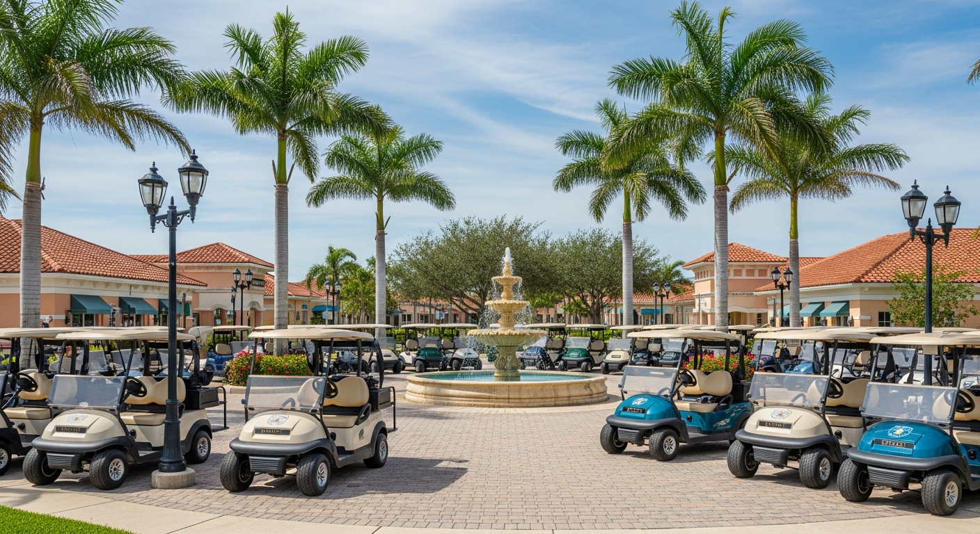 Golf carts parked along a town square in The Villages Florida retirement community on a sunny day